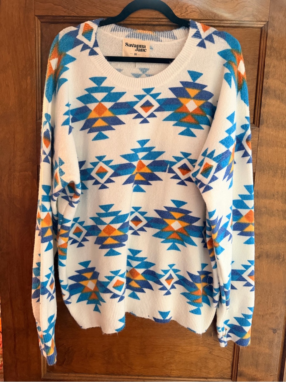 Savanna Jane White Sweater with Blue & Orange Aztec Motif